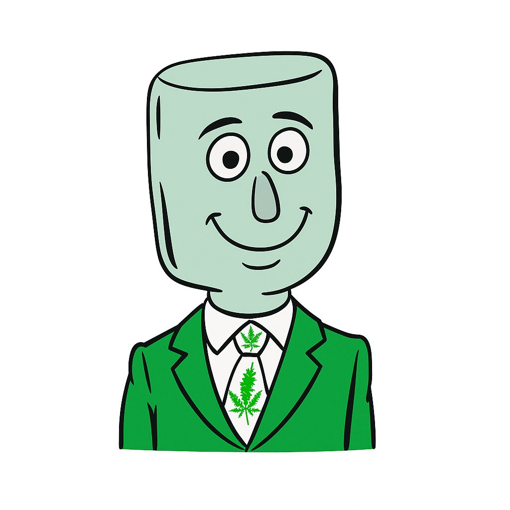 Cartoon character with a large marshmallow head in a green suit.